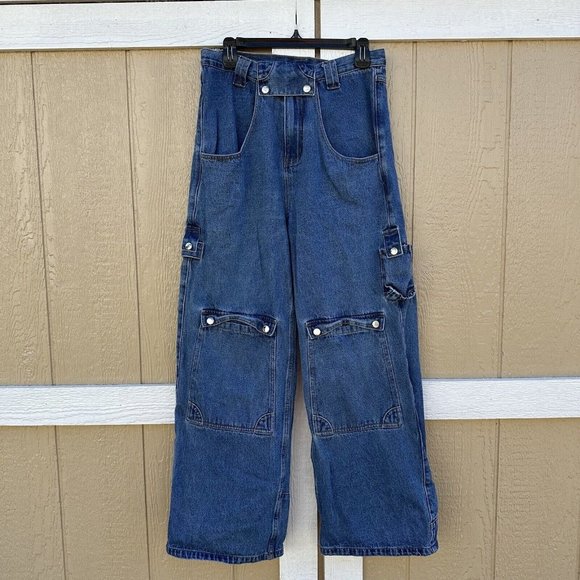 Y2K Liquid Lagoon Wide Leg Denim Jeans Size 32x30 Skater Baggy Cargo Pockets